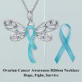 wholesale 925 Sterling Silver Dragonfly Teal Ribbon Cross Pendant Necklace for Women's Ovarian Cancer Awareness Gifts-0-5