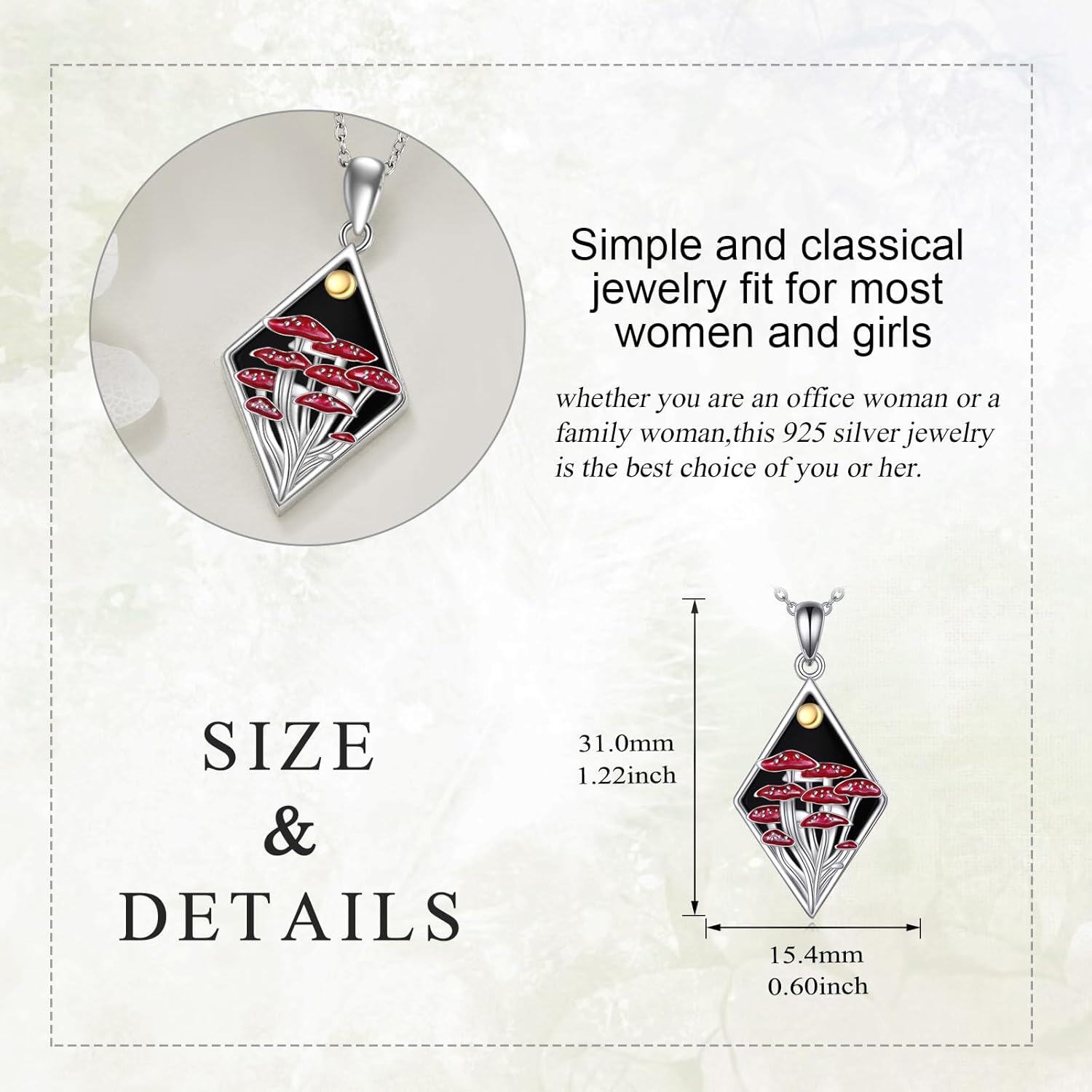 wholesale 925 Sterling Silver Cubic Zirconia-Shaped Red Mushroom Pendant with Gold Accents and Black Enamel Background Necklaces for Women-0-3