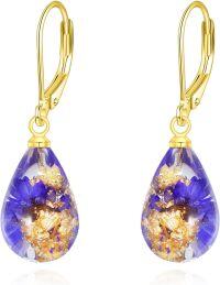 wholesale Sterling Silver Pressed Flower Teardrop Dangle Leverback Earrings-Purple