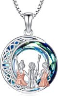 wholesale 925 Sterling Silver Round Celtic Knot Design with Three Girls Dancing in Blue and Green Swarovski Crystals Necklace for Women-0-0