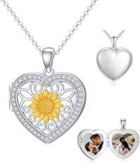 wholesale 925 Sterling Silver Heart-Shaped Sunflower Picture Frame Pendant Necklaces with Chain Gifts for Women-Sunflower+Photo+Text-Sunflower