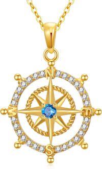 wholesale 14K Gold Diamond Accent Blue Stone Nautical Compass Pendant Necklace for Women-Compass Necklace 01