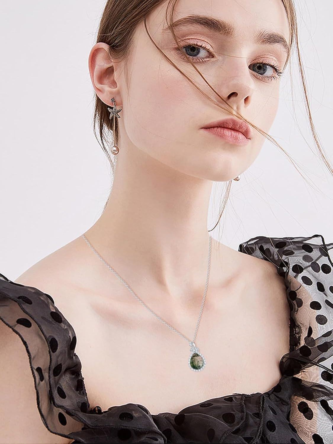 Sterling Silver Moonstone Peridot Moss Agate Dainty Teardrop Pendant Necklace-0-3