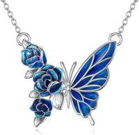 wholesale 925 Sterling Silver Blue Enamel Rose & Butterfly Pendant Necklace for Women Girls  45cm Chain Length-Butterfly