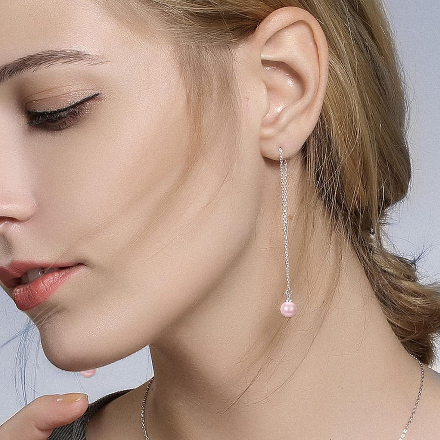 925 Sterling Silver Pink Pearl Threader Earrings with Chain and Bar Design-0-1