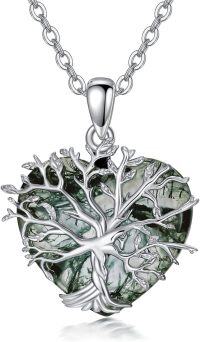 wholesale 925 Sterling Silver Moss Agate Tree of Life Necklace for Women - Hexagon/Oval/Heart/Coffin/Pear Shape Pendant - Best Gift for Birthday-4-Heart Shape