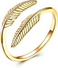 wholesale 925 Sterling Silver Feather Ring Adjustable Open Ring for Women with Jewelry-Gold