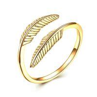 wholesale 925 Sterling Silver Feather Open Ring For Women-Gold