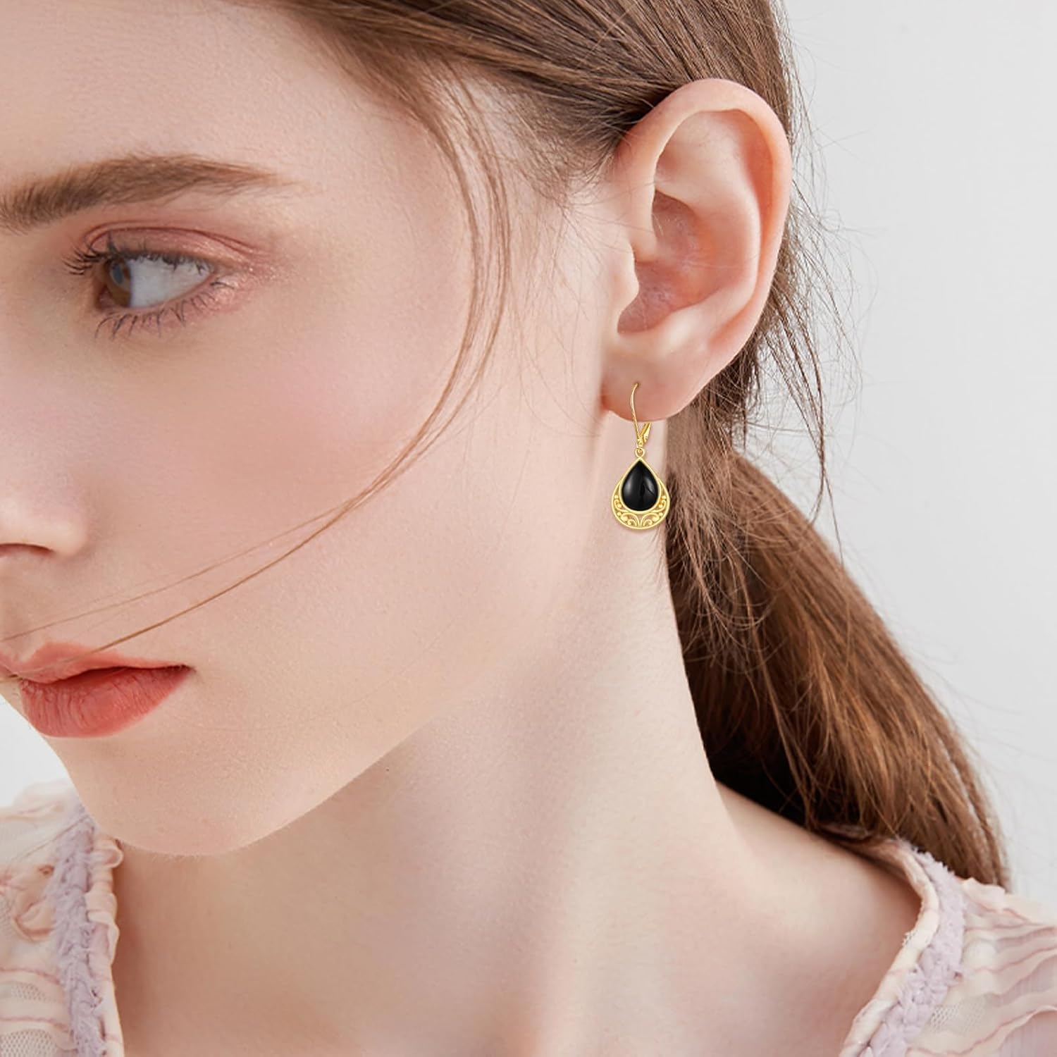 wholesale 925 Sterling Silver Teardrop Black Onyx Filigree Leverback Earrings - Bohemian  for Women-0-1