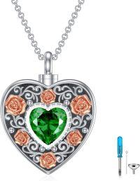 wholesale Sterling Silver Birthstone Angel Wing Cross Rose Heart Cremation Urn Necklace for Women with Funnel Kit ( chars)-Heart Non-personalized 05-May-Emerald