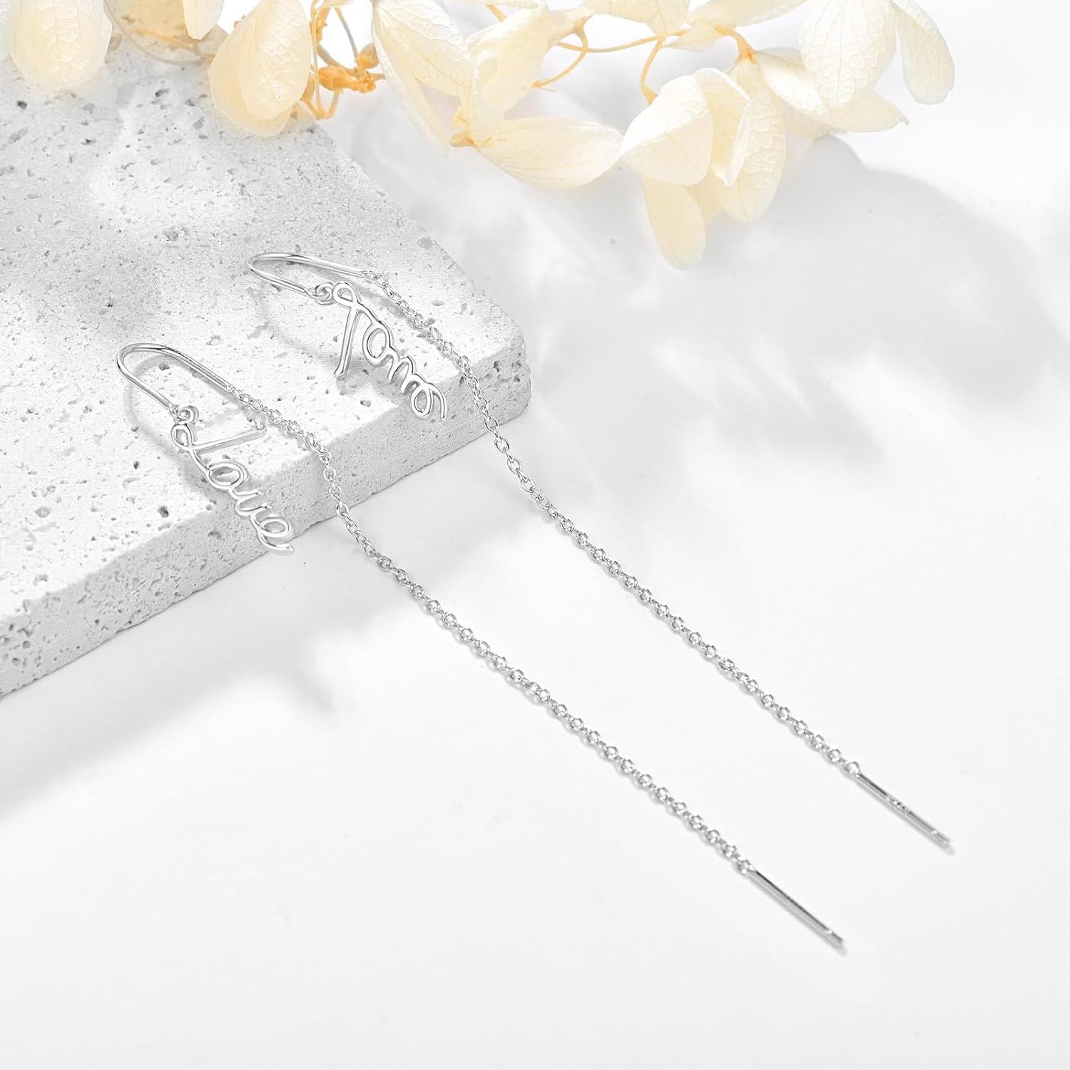 925 Sterling Silver Threader Earrings with Love Charm and Chain Drops for Women Girls-0-2