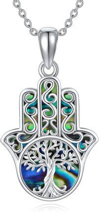 wholesale 925 Sterling Silver Tree of Life Hamsa Hand Abalone Shell Pendant Necklace for Women and Men-A