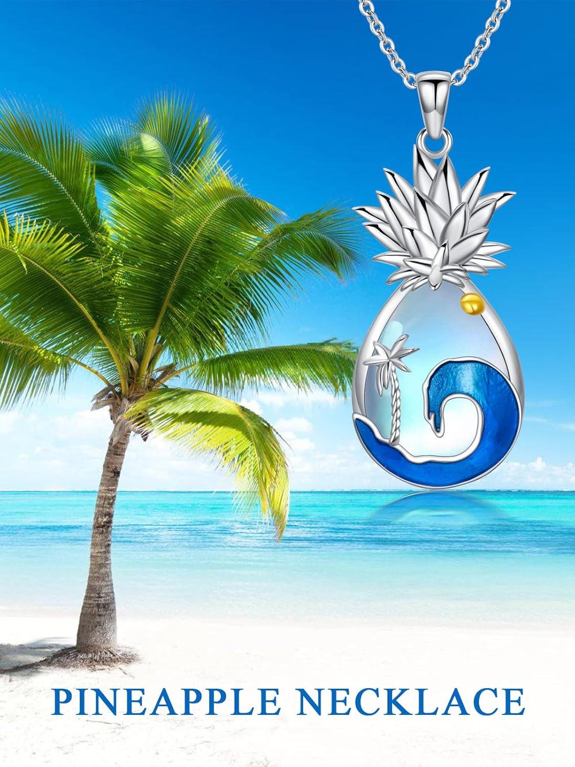 925 Sterling Silver Pineapple Ocean Wave Palm Tree Pendant Necklace for Women Girls Gifts-0-1