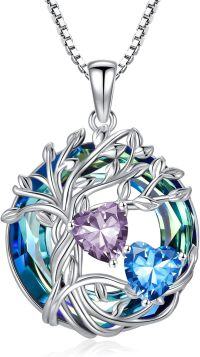 wholesale 18K White Gold Filled Sterling Silver Family Tree Pendant with 2 Heart Birthstones Blue Austrian Crystal Necklace for Women-02-12-Feb-Dec Birthstone