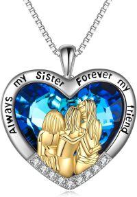 wholesale 925 Sterling Silver Blue Crystal Heart Pendant Necklace for Women - Sisters Forever Friendship -3 Sisters-Yellow Gold-Blue Heart Crystal