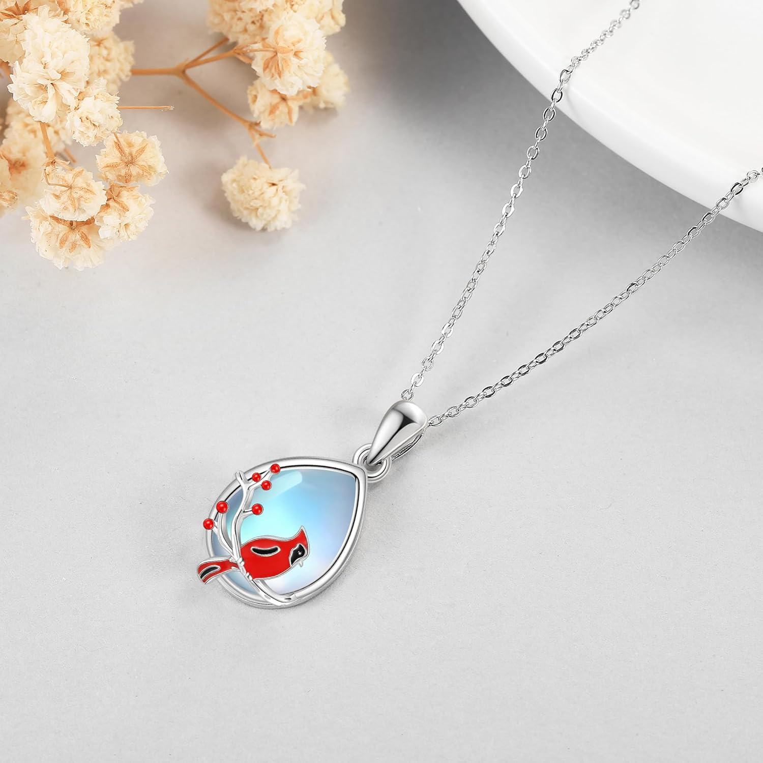 Sterling Silver Moonstone Penguin Cardinal Necklace Cute Animal Pendant Jewelry Gift for Women-0-2