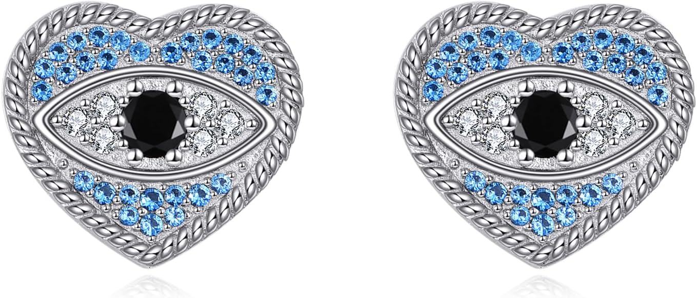 wholesale 925 Sterling Silver Heart Evil Eye Blue Crystal Stud Earrings for Women-0-0