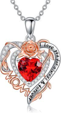wholesale 925 Sterling Silver Red Crystal Rose Mom Love Forever Heart Pendant Necklaces-01-rose