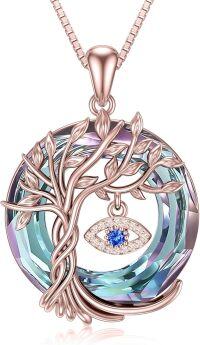 wholesale  Sterling Silver Evil Eye Necklace with Crystal Tree of Life Pendant -Evil Eye-Purple Crystal-Rose Gold