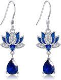 wholesale 925 Sterling Silver Blue Lotus Drop Earrings with Cubic Zirconia and Enamel Accents-0-0