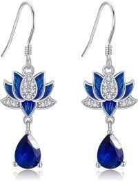 wholesale 925 Sterling Silver Blue Lotus Drop Earrings with Cubic Zirconia and Enamel Accents-Lotus