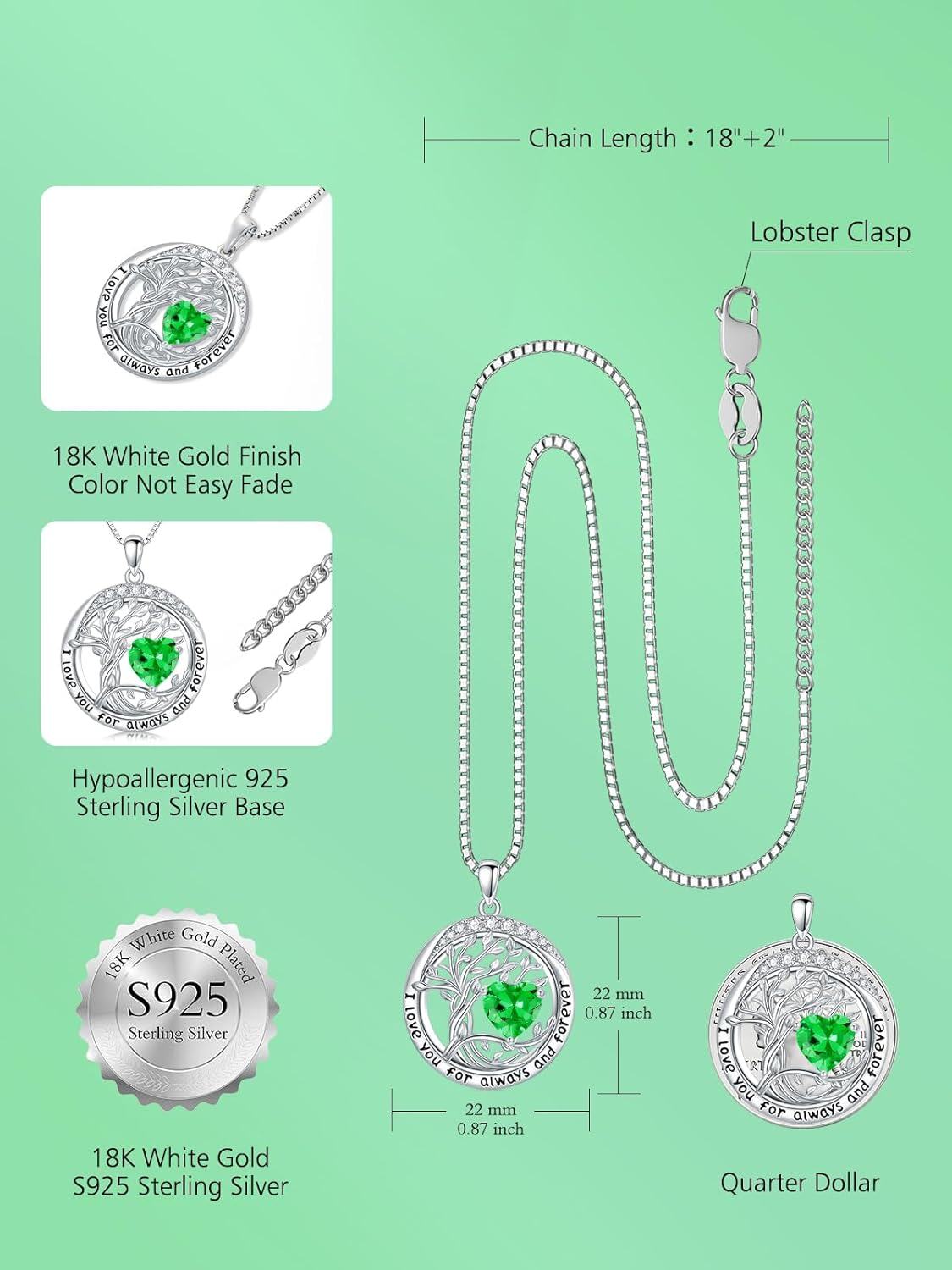 Sterling Silver Austrian Crystal Tree of Life Pendant Necklaces with Birthstone for Women-0-6