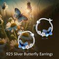 wholesale 925 Sterling Silver Butterfly Flower Hoop Earrings with Blue Crystal and White Daisy Accents-0-5