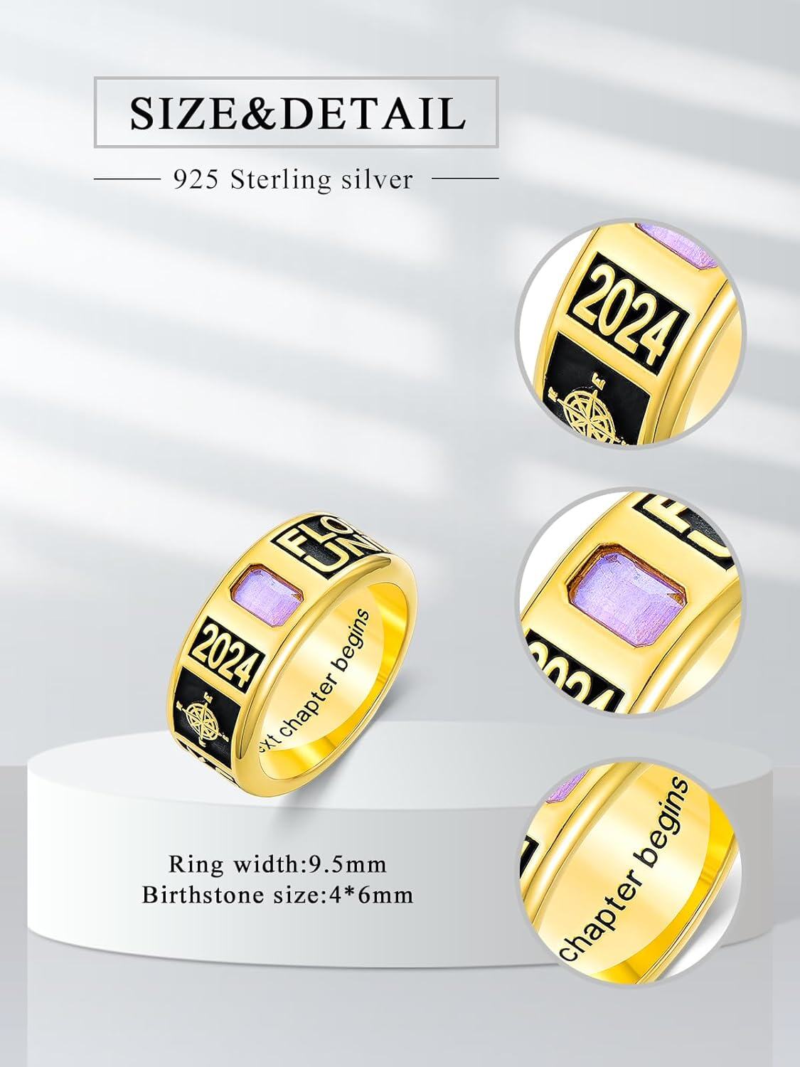 925 Sterling Silver Birthstone Men s High School Class Ring Customizable Graduation Jewelry Gift-0-4