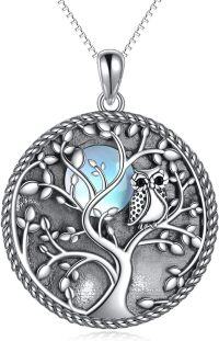 wholesale 925 Sterling Silver Tree of Life Pendant with Blue Moonstone and Owl Design Necklace-black