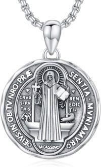 wholesale 925 Sterling Silver Round St Benedict Medal Pendant Necklace with Cross and Bible Design for Men & Women-Saint Benedict