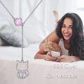 wholesale 925 Sterling Silver Pink Enamel Cat Paw & Bow Tie Pendant Lariat Necklace for Women and Girls-0-2