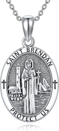 wholesale 925 Sterling Silver St Brendan Protect Us Religious Medal Pendant Necklace for Men & Women-saint brendan necklace