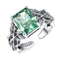 wholesale 925 Sterling Silver Adjustable Ring With Green Cz Crystal And Leaves Detail-Emerald