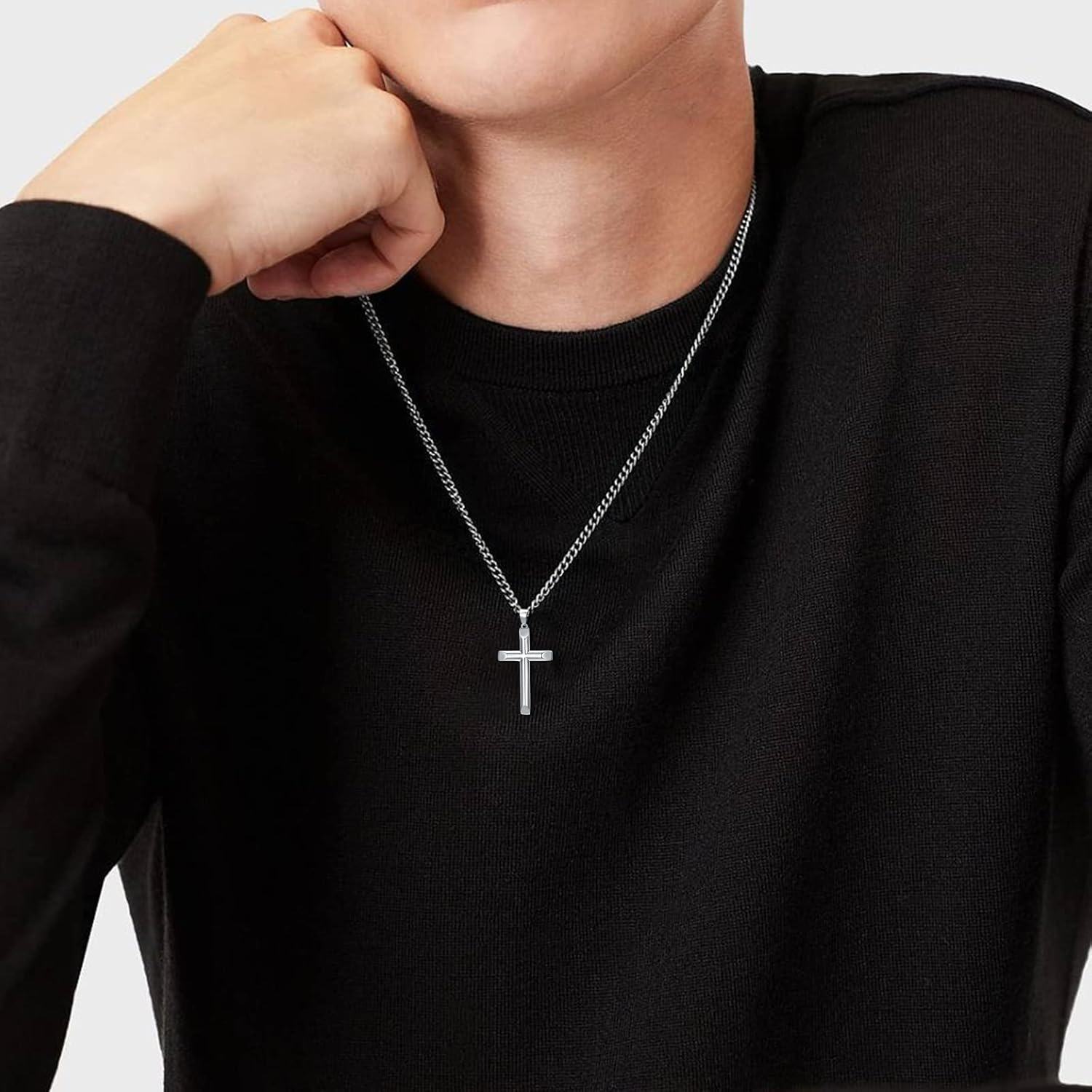 wholesale 925 Sterling Silver Beveled Edge Cross Pendant Necklace for Men Women - 4mm Box Chain  Set-0-3