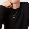 wholesale 925 Sterling Silver Beveled Edge Cross Pendant Necklace for Men Women - 4mm Box Chain  Set-0-3