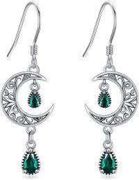 wholesale 925 Sterling Silver Green Crystal Moon & Star Drop Earrings-Silver