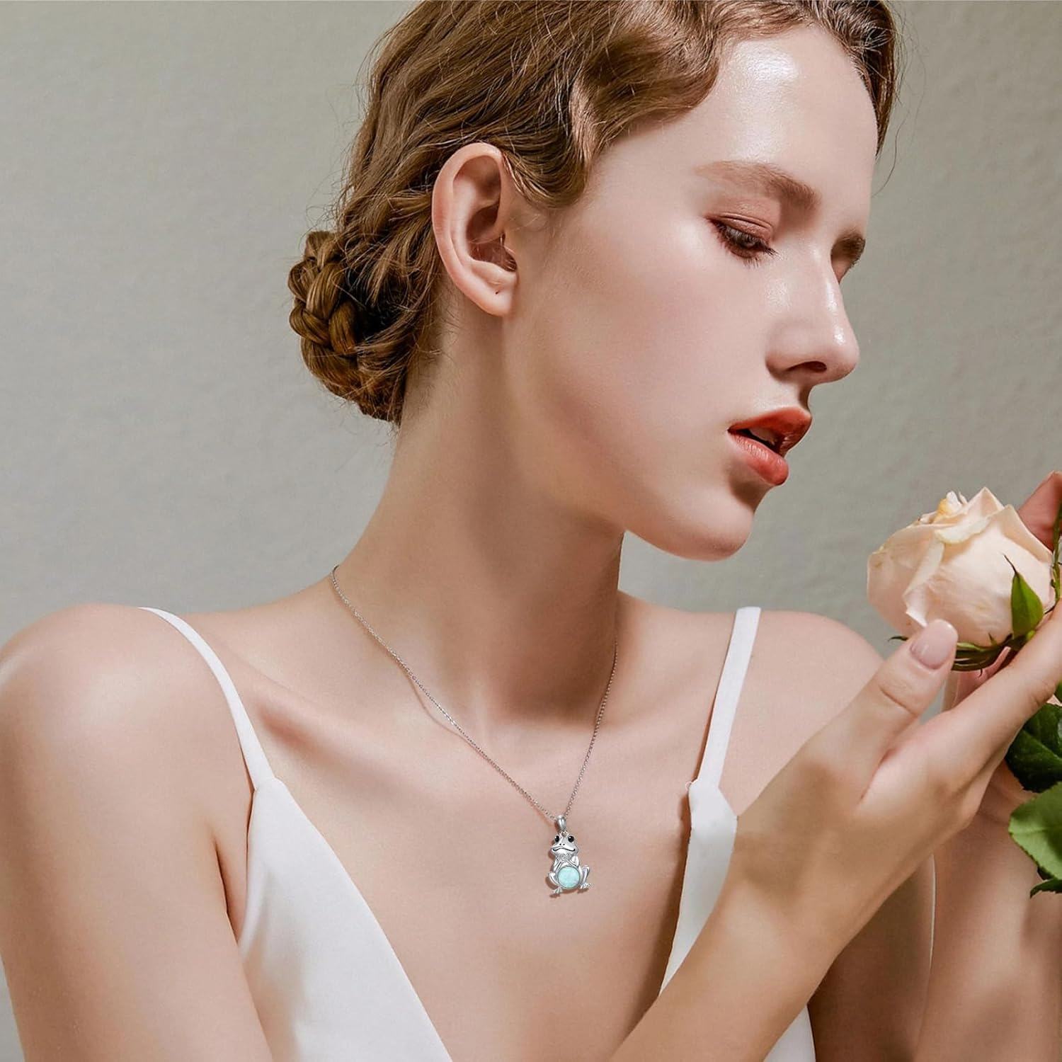 wholesale 925 Sterling Silver White Fire Opal & Turquoise Pendant Frog Necklace for Women Girls  48cm Chain Length-0-3