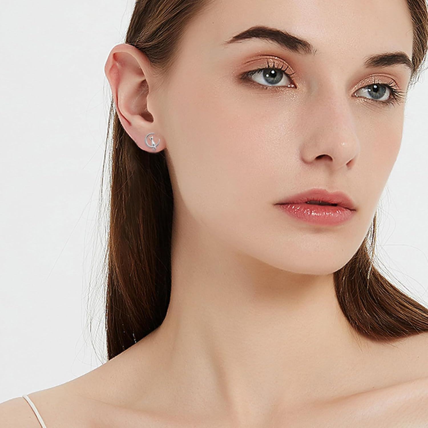 wholesale 925 Sterling Silver Cat and Crescent Moon Stud Earrings for Women-0-4