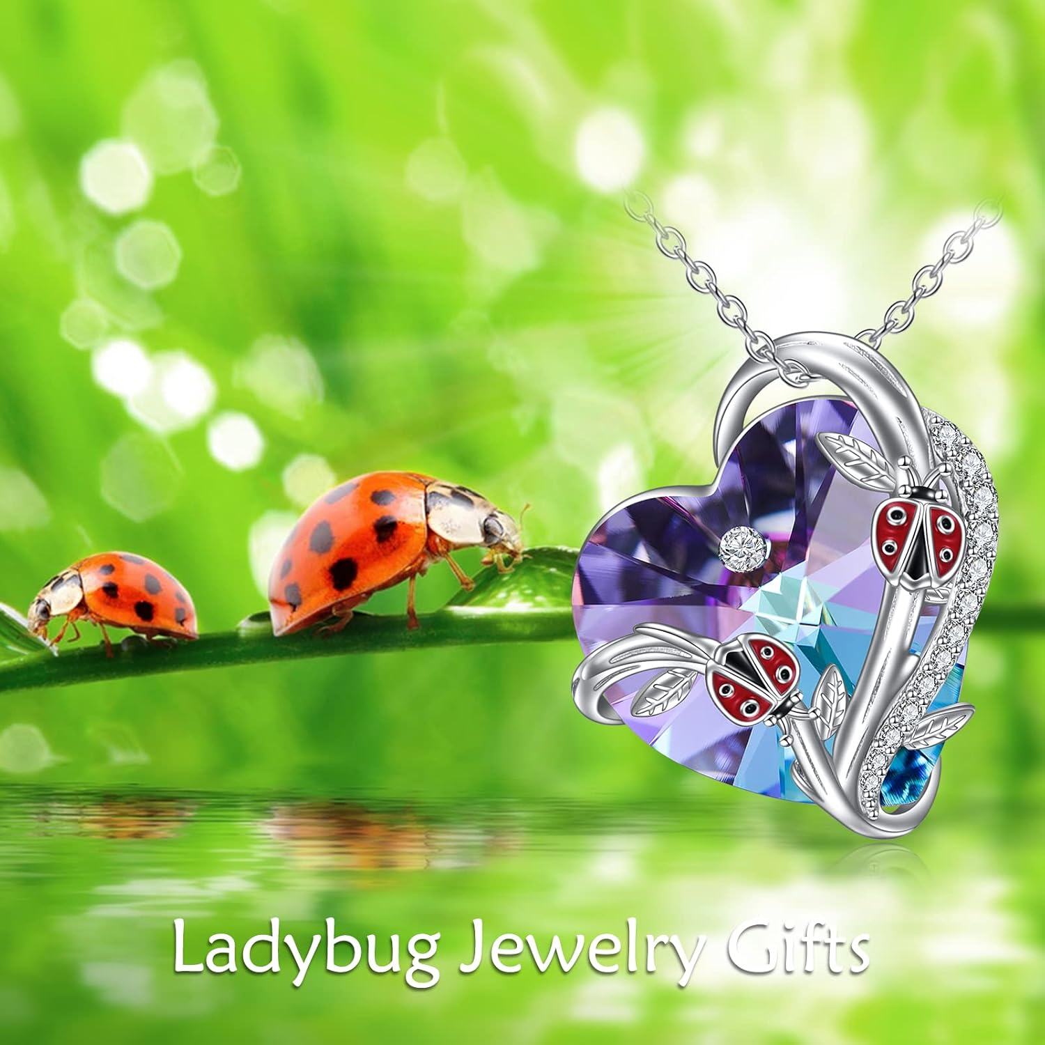 Sterling Silver Heart Crystal Necklace with Butterfly Dragonfly Bee Ladybug Spider Glowworm Jewelry for Women-0-6
