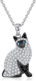 wholesale  925 Silver & Stone Siamese Cat Pendant Necklace, Adjustable 18-22 Chain, Realistic Pet Jewelry Gift for Cat Lovers-0-0