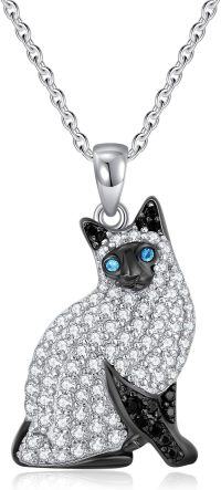 wholesale  925 Silver & Stone Siamese Cat Pendant Necklace, Adjustable 18-22 Chain, Realistic Pet Jewelry Gift for Cat Lovers-Siamese Cat