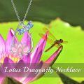 wholesale 925 Sterling Silver Dragonfly & Lotus Flower Pendant Necklace with Blue Enamel and Pink Stone Accents for Women Girls-0-4
