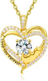 wholesale Sterling Silver Birthstone Cat Projection Heart Pendant Necklace-Gold-04 Apr - Simulated Diamond