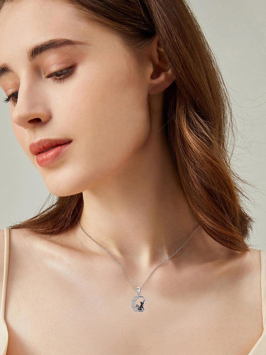 wholesale 925 Sterling Silver Crescent Moon Star Black Cat Necklace Pendant Jewelry for Women Girls Gifts 48cm Chain Length-0-2