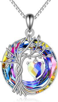 wholesale 925 Sterling Silver Crystal Tree of Life Necklace for Women Birthstone Pendant-04-Apri-Aurora Borealis