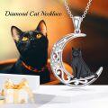 wholesale 925 Sterling Silver Black Cat & Crescent Moon with Cubic Zirconias Pendant Necklace for Women-0-2