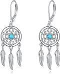 wholesale 925 Sterling Silver Dreamcatcher Feather Drop Earrings with Turquoise and Blue Stone s for Women-0-0