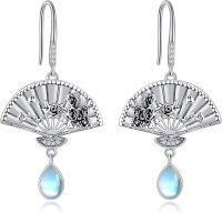 wholesale 925 Sterling Silver Fan-shaped Floral Drop Earrings with Moonstone and Cubic Zirconia-Fan