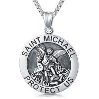 wholesale 925 Sterling Silver Saint Michael Protect Us Medal Necklace Catholic Religious Coin Pendant Gift for Men-B-Saint Michael