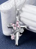 wholesale 925 Sterling Silver Pink Crystal Butterfly & Rose Cross Pendant Necklace Gift for Mom Wife Grandmother-0-20
